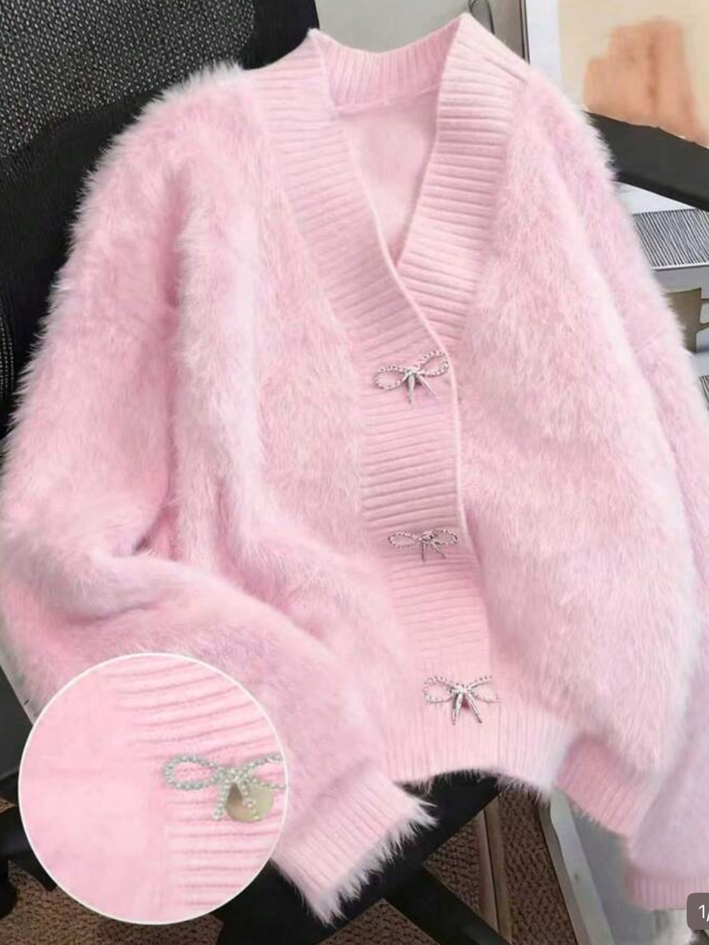 Soft Faux Cashmere Pink Cardigan Sweater with Bow Buttons